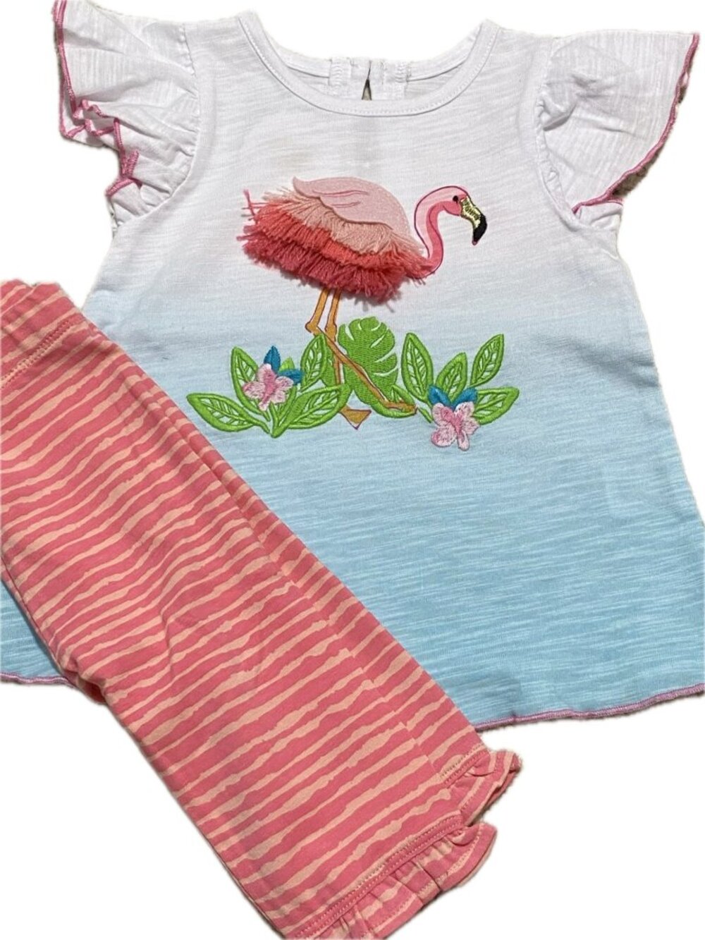 Mud Pie 6m 9m 3T flamingo tunic capri set pink blue applique ruffle beach tropic